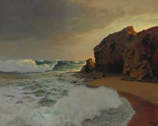 1089 Frederick Judd Waugh (1861-1940) "Smuggler's Cove" Oil on Masonite Signed lower right: Waugh; titled in ink on a gallery label affixed verso; titled again in pencil, possibly in another hand, on a prior frame's backing paper sandwiched between the work and the frame's backing board 40" H x 50" W Estimate: $15,000 - $25,000