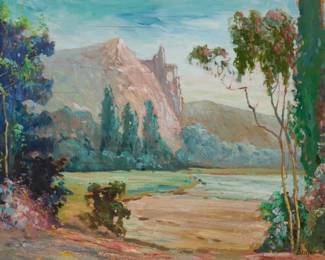 1143 Benjamin Chambers Brown (1865-1942) "Sentinel Rock, Yosemite" Oil on panel Signed and inscribed lower right: Benjamin C. Brown / "California"; titled verso 15.75" H x 25" W Estimate: $3,000 - $5,000