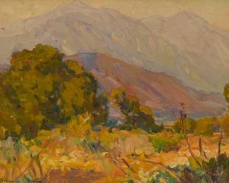 1001 Benjamin Chambers Brown (1865-1942) "Near Monrovia Calif." Oil on canvasboard Signed lower left: Benjamin C. Brown; signed again, titled and inscribed in ink, verso: "near Monrovia, Calif. / Painted by Benjamin C. Brown / California / (Au 4)" 11" H x 14" W Estimate: $3,000 - $5,000
