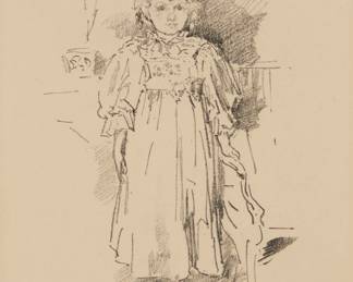 1067 James McNeill Whistler (1834-1903) "Little Evelyn," 1896 Transfer lithograph on cream laid paper From the edition of approximately 3000 issued in the March 1896 issue of "The Art Journal;" first (only) state With the artist's butterfly signature in the stone at upper left; with the printed legend in the stone along the lower margin edge, at left: "The Art Journal, March, 1896"; Thomas Way, London, England, prntr.; Virtue & Company Ltd., London, England, pub. Image: 7" H x 5.5" W; Image including legend: 10" H x 5.5" W; Sheet: 11.375" H x 9.375" W Estimate: $500 - $700