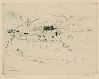 1121 Armin Carl Hansen (1886-1957) "Valley Farm," 1926 Drypoint on paper From the edition of unknown but presumably small size, only 9 impressions were located by White; first (only) state Signed, titled and inscribed in pencil in the lower margin: Armin Hansen / imp.; signed again and dated "26" in the plate at lower left Plate: 4.875" H x 6.375" W; Sight: 5.5" H x 6.75" W Estimate: $600 - $800