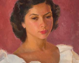 1045 Mabel Alvarez (1891-1985) "Portrait of a Girl," circa 1930 Oil on canvasboard Signed lower right: Alvarez; titled and inscribed "3915642 / 7818516," both verso 18" H x 14" W Estimate: $1,500 - $2,500