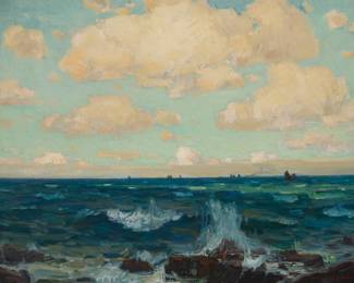 1076 William Wendt (1865-1946) "Freshening Breezes," 1921 Oil on canvas laid to waxed canvas Signed and dated lower right: 1921 William Wendt; titled twice in pencil on the stretcher; inscribed in pencil in another hand on the frame's verso: "Stendahl painting" 24.25" H x 32.5" W Estimate: $20,000 - $30,000