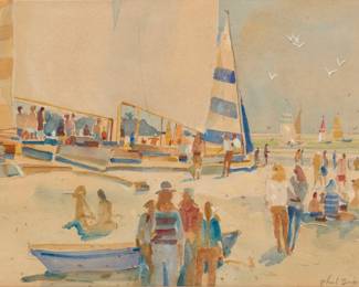 1194 Phil Dike (1906-1990) "Sunday Sails #3" Watercolor on board Signed in pencil lower right: Phil Dike; signed again, titled, and inscribed "D75-683-W," on the verso and on an old frame's backing paper affixed to the frame's backing paper 14" H x 18" W Estimate: $1,000 - $2,000
