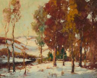 1177 George Thompson Pritchard (1878-1962) "Autumn Glory" Oil on canvas Signed lower left: G. Thompson-Pritchard-; with a title preceded by the number "26." on a portion of a typed label affixed to the stretcher 25.25" H x 30.25" W Estimate: $800 - $1,200