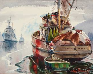 1209 Arthur Beaumont (1890-1978) "The Purse Seiner," 1965 Watercolor and traces of pencil on paper Signed and dated lower right: Arthur Beaumont / 1965; signed and dated again in red pigment and titled in pencil, all on the overmat directly below the image (hidden by an additional decorative overmat): Arthur Beaumont 1965 Sight: 12" H x 16" W Estimate: $1,500 - $2,500