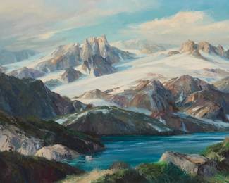 1145 Bennett Schroeder Bradbury (1914-1991) "Sierra Lake" Oil on canvas With the incised signature lower right; with the artist's copyright ink stamp (four times), verso; titled on the frame plaque 24" H x 36" W Estimate: $1,000 - $1,500
