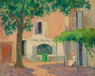 1062 Daisy Marguerite Hughes (1882-1968) "French Cafe" Oil on cavnas Signed lower right: Daisy M. Hughes; titled in pencil verso; alternatively titled "Le Petit Magasin" in pencil on the stretcher 25.25" H x 30.5" W Estimate: $1,000 - $1,500