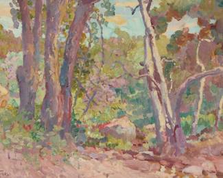 1135 Charles Arthur Fries (1854-1940) "Oaks between Alpine and Dehesa" (Mason Valley, San Diego County), 1925 Oil on canvas Signed lower left: C.A. Fries; titled in the artist's catalogue, alternatively titled and dated "Oaks / April 1925," and numbered "#1167," all in ink, verso 10" H x 14" W Estimate: $2,000 - $3,000