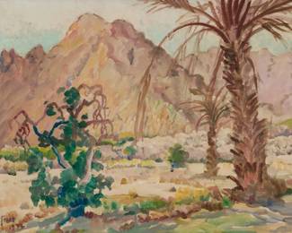 1137 Charles Arthur Fries (1854-1940) "In the Oasis at Indian Wells," 1934 Oil on canvas Signed and dated lower left: C.A. Fries / 1934; titled, inscribed, and numbered, all verso: # 1536 / April 1933 / 70 14.375" H x 18.625" W Estimate: $2,000 - $3,000