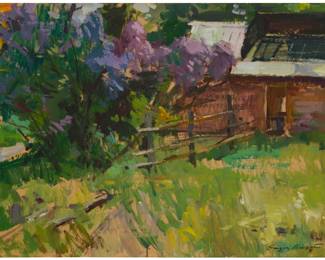 1181 Sergei Bongart (1918-1985) Flowering tree and building, 1975 Oil on board Signed and dated lower right: Sergei Bongart 75.; inscribed in ink verso: "36111C." and inscribed in ink on the frame's backing paper "122" Sight: 23.5" H x 32.25" W Estimate: $1,000 - $1,500