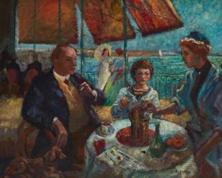 1055 Joseph Raphael (1869-1950) "Afternoon Tea" Oil on canvas laid to canvas Signed lower right: Jos Raphael; titled by repute 15" H x 20.5" W Estimate: $3,000 - $5,000