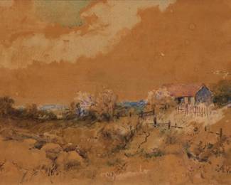 1111 Elmer Wachtel (1864-1929) House in a landscape Watercolor on paperboard Signed lower right: E. Wachtel; inscribed, partially indistinct, verso: "Paid / Mrs. G.H. Ricks [?] / Redlands, Cal. / Expr. [or Expor.?] collect" 10" H x 15.5" W Estimate: $700 - $900