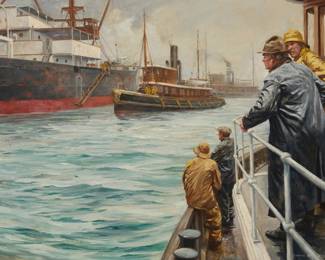 1202 Anton Otto Fischer (1882-1962) "Tug Boat Annie," 1938 Oil on canvas laid on canvas Signed and dated lower right: 1938 / Anton Otto Fischer; possibly signed indistinctly on the lower stretcher bar 24.25" H x 32.25" W Estimate: $3,000 - $5,000