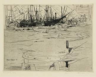 1088 Armin Carl Hansen (1886-1957) "Shipyard No. I," 1916 Etching in black ink on off-white paper From the edition of unknown but presumably small size, only 13 impressions were located by White; first (only) state Signed and titled in pencil in the lower margin: Armin Hansen; signed again and dated "16" in the plate at lower left Plate: 4.875" H x 6.375" W; Sight: 5.5" H x 7" W Estimate: $500 - $700