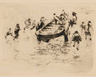 1126 Armin Carl Hansen (1886-1957) "Lifeboat Out," 1936 Etching on paper From the edition of unknown but presumably small size, only 11 impressions were located by White; likely a third state (of four) Faint signature and date printed in the plate at lower right: Armin Hansen 36 Plate: 5.875" H x 7.875" W; Sight: 6.375" H x 8.375" W Estimate: $400 - $600