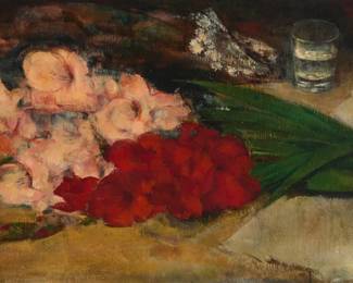 1040 Grigory Gluckmann (1898-1973) "Gladiolas" Oil on panel With the incised signature lower right: Gluckmann; titled on two gallery labels affixed to the frame's verso 16" H x 30" W Estimate: $1,500 - $2,500