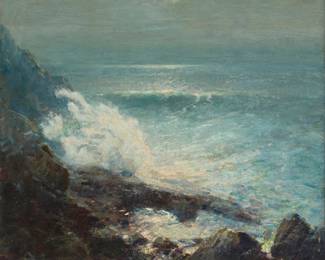 1090 Ernest Albert (1857-1946) "An Opal Sea" Oil on canvas laid to canvas Signed lower left: Ernest Albert A.N.A.; signed again and titled in ink on a partial label affixed to the frame's backing board 18" H x 20" W Estimate: $1,000 - $1,500