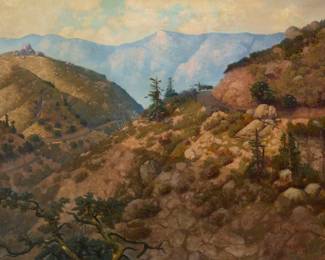 1007 Thomas Nash (1856-1927) "The Mountain Road," 1922 Oil on canvas Signed and with the artist's device, and dated, all lower right: Thomas Nash / 1922; signed and dated again, and inscribed, "The Wild in S.O.[sic] Cal. no. 1. Second Series" and "The Ridge Rout.[sic], L.A. Cal to BakesField[sic]," all verso 30" H x 40" W Estimate: $2,000 - $3,000