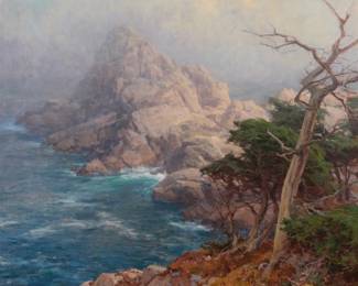 1130 Clyde Aspevig (b. 1951) "In The Mist," 2009 Oil on linen laid to Masonite Signed and dated lower left: C. Aspevig '09; titled on the frame plaque; signed again, "Clyde Aspevig," as well as dated again, and alternately titled "In the Mist, Pt. Lobos State Park," all in ink on the artist's studio label affixed verso 40" H x 48" W Estimate: $15,000 - $25,000