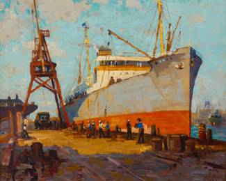 1127 Ferdinand Kaufmann (1864-1942) "Los Angeles Harbor" Oil on board Signed lower right: F. Kaufmann.; signed again, titled, and inscribed, all in pencil on the verso: "Los Angeles, Calif. / Mr. Ferdinand Kaufmann / G.G.I.E.;" a printed color card from the Golden Gate International Exposition has been trimmed and affixed to the verso 30" H x 35.75" W Estimate: $8,000 - $12,000