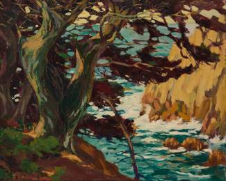 1078 Mary DeNeale Morgan (1868-1948) Carmel coast Oil on canvas laid to board Signed lower left: M. DeNeale Morgan 24.375" H x 29.75" W Estimate: $10,000 - $15,000