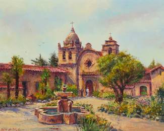1156 Ben Abril (1923-1995) "Mission San Carlos Borromeo De Carmelo" Oil on canvas Signed lower left: Ben Abril; titled and inscribed on the stretcher: "Established June 3, 1770 - Carmel, California" and "at the foot of the high altar rest the remains of Padre Junipero Serra"; alternatively titled "The Carmel Mission" on a gallery label affixed the frame's verso 22" H x 28" W Estimate: $2,000 - $3,000