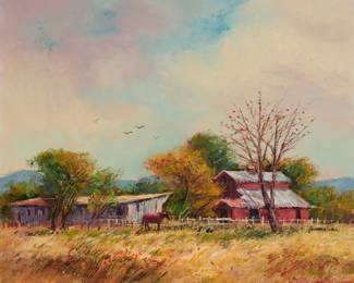 1183 Ben Abril (1923-1995) "Old Tom Mix Barn" Oil on canvas Signed lower left: Ben Abril; titled and inscribed on the stretcher: "#105 / Used in movies in 1920 – Acton, California" 20" H x 24.25" W Estimate: $1,500 - $2,000
