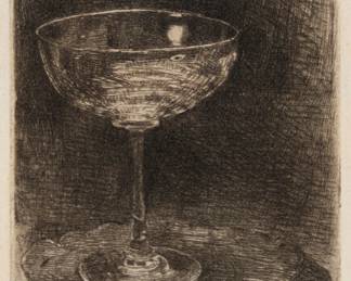 1065 James McNeill Whistler (1834-1903) "The Wine Glass," 1859 Etching on laid paper From the edition of unknown but presumably small size, 40 of which have been located; second (final) state With the artist's signature in the plate at lower left: Whistler Plate: 3.25" H x 2.125" W; Sheet: 4.25" H x 3" W Estimate: $5,000 - $7,000