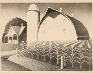 1119 Grant Wood (1891-1942) "Fertility," 1939 Lithograph on off-white Rives wove paper laid to board From the edition of 250 Signed in pencil in the lower margin, at right: Grant Wood; Associated American Artists, New York, NY, pub. Image: 8.875" H x 11.875" W; Sheet: 11.875" H x 16.25" W Estimate: $3,000 - $5,000