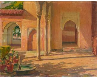 1061 Joseph Henry Sharp (1859-1953) Courtyard, likely Alhambra, Spain, circa 1922 Oil on canvas laid to board Signed lower right: J.H. Sharp; dated by repute 10.75" H x 14" W Estimate: $3,000 - $5,000