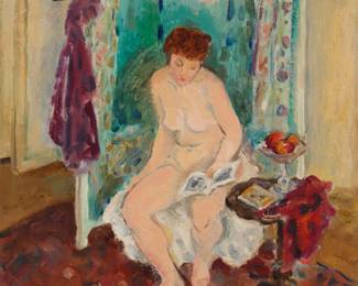 1044 Mabel Alvarez 1891-1985 "Nude in Interior" (Mary Lou Rekov), circa 1947 Oil on canvasboard Signed lower right: Alvarez; titled on two labels affixed verso 20" H x 16" W Estimate: $4,000 - $6,000