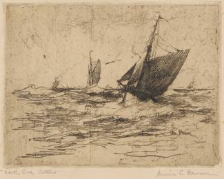 1085 Armin Carl Hansen (1886-1957) "Before the Wind," circa 1913 Etching in brownish-black ink on cream laid Japanese paper From the edition of unknown but presumably small size, only 6 impressions were located by White; first (only) state Signed and alternatively titled in pencil in the lower margin: Armin C. Hansen / "North Sea Cutters;" signed again in the plate at lower right Plate: 4.875" H x 6.5" W; Sheet: 8" H x 8.875" W (irreg.) Estimate: $500 - $700