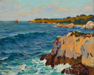 1128 Ferdinand Kaufmann (1864-1942) "Pacific Coast at Carmel" Oil on canvas laid to canvas Signed lower right: F Kaufmann.; titled in pencil on the stretcher 20" H x 22.25" W Estimate: $3,000 - $5,000