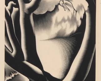 1120 Paul Landacre (1893-1963) "August Seventh," 1936 Wood engraving on white wove Japanese paper Edition: 53/60 (from the first edition of 60 impressions, 56 of which were signed, titled, and numbered; there was also a partially completed second edition of 150 impressions, only 25 of which were signed, titled, and numbered) Signed, titled, and numbered in pencil in the lower margin: Paul Landacre; with the artist's petrel logo drawn in red pencil in the lower right margin corner; the Origins of Art black ink estate stamp on the verso of the lower left margin corner Image: 12.125" H x 8" W; Sheet: 14.5" H x 10.5" W Estimate: $1,500 - $2,000