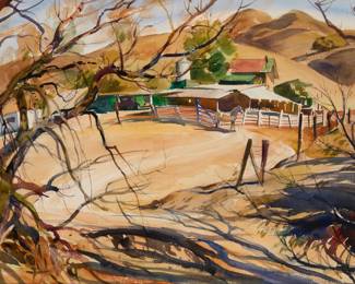 1199 Emil J. Kosa Jr. (1903-1968) White horse in a ranch scene Watercolor and traces of pencil on paper Signed lower right: Emil J. Kosa Jr Sight: 21.25" H x 29" W Estimate: $4,000 - $6,000