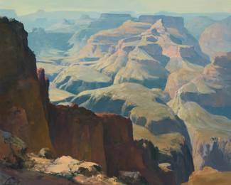 1150 Ralph Love (1907-1992) "Grand Canyon" Oil on artist's board Signed lower left: Love; signed again, Ralph Love, numbered "# 971," and inscribed "Temecula," all verso; titled "Grand Canyon / Reverend Love" on the frame plaque 20" H x 24" W Estimate: $1,000 - $1,500