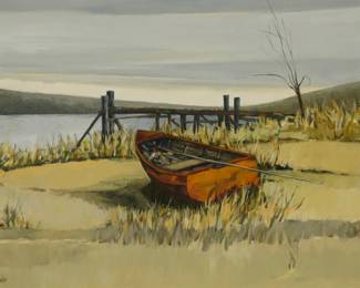 1186 Roy Bailey (1933-2002) "Orange Boat" Oil on canvas Signed lower left: Bailey; titled and numbered on the stretcher: "70-33"; with a gallery stamp on the frame's verso 18" H x 24" W Estimate: $1,000 - $1,500