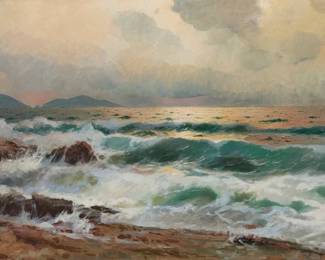 1212 Alexander Dzigurski (1911-1995) "San Leonardo, Salerno" (Seascape), 1949 Oil on canvas Signed, titled, and dated lower right: A. Dzigurski 1949; the artist's name also written on the frame's verso, likely in another hand. 23.5" H x 47" W Estimate: $1,000 - $1,500