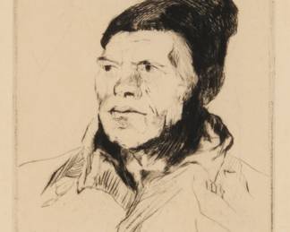 1124 Armin Carl Hansen (1886-1957) "The Mate," 1930 Drypoint on paper From the edition of unknown but presumably small size, only 14 impressions were located by White; third (final) state Signed and titled in the lower margin: Armin Hansen / imp.; initialed and dated "'30" in the plate at lower left Plate: 4" H x 3" W; Sight: 4.375" H x 3.375" W Estimate: $500 - $700