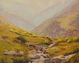 1030 Ferdinand Burgdorff (1881-1975) "Yellow Lupine on the Pacific Coast" Oil on Masonite Signed lower right: Ferdinad Burgdorff; titled in ink on an artist's label affixed verso 24" H x 27.75" W Estimate: $3,000 - $5,000