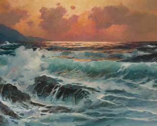 1210 Alexander Dzigurski (1911-1995) Coastal sunset Oil on canvas Signed lower right: A. Dzigurski; signed again in pencil on the stretcher; with the artist's copyright ink stamp verso 24.5" H x 48.5" W Estimate: $3,000 - $5,000