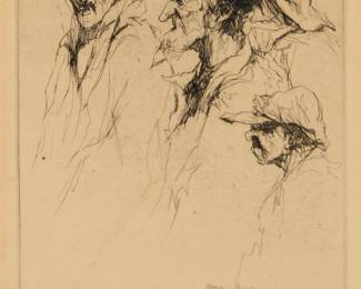 1123 Armin Carl Hansen (1886-1957) "Men of the Sea," 1937 Etching on paper From the edition of unknown but presumably small size; only 15 impressions were located by White; first (only) state Signed and titled in pencil in the lower margin: Armin Hansen / imp.; signed and dated "37" in the plate at lower right Plate: 6.875" H x 5" W; Sight: 7.25" H x 5.5" W Estimate: $700 - $1,000