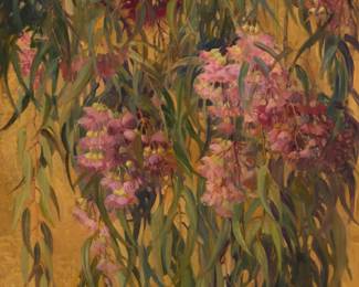 1038 Meredith Brooks Abbott (b. 1938) "Red Eucalyptus Blossoms," 2004 Oil on canvas Signed lower right: M.B. Abbott 04; titled and inscribed "04.47" in pencil on the stretcher; alternatively titled "Eucalyptus" on an exhibition label affixed to the frame's verso 40" H x 30" W Estimate: $3,000 - $5,000