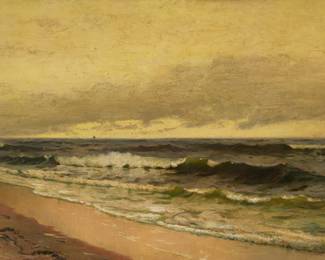 1092 Frank Knox Morton Rehn (1848-1914) Coastal seascape Oil on canvas laid to waxed canvas Signed and inscribed lower left: F.K.M. Rehn N.Y. 22.25" H x 36.25" W Estimate: $1,000 - $1,500