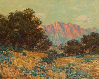 1008 Granville Redmond (1871-1935) Distant mountains at sunset Oil on canvas Signed lower left: Granville Redmond; signed again in pencil on the stretcher 12" H x 16" W Estimate: $12,000 - $18,000