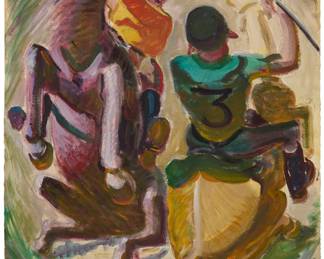 1196 Ben Messick (1891-1981) "Vortex II" Mixed media including gouache, pastel, and pencil on paper Signed with the estate stamp in red pigment at lower right: Ben Messick; blind embossed (twice) in the lower image/sheet corners: "Estate of / Ben Messick / 1891-1981;" titled on a gallery label affixed to the frame's backing paper Image/Sheet: 30" H x 22" W Estimate: $3,000 - $4,000