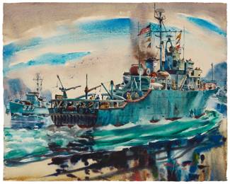 1208 Arthur Beaumont (1888-1972) "The M.S.O. Operates with Minpac," 1961 Watercolor on paper Signed and dated lower right: Arthur Beaumont / 1961; signed again and titled on a piece of paperboard framed within the overmat Sheet: 16" H x 20" W Estimate: $2,000 - $3,000