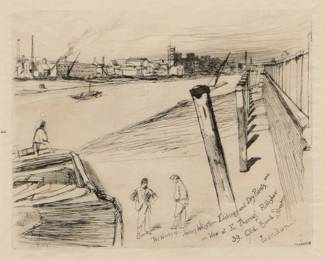 1072 James McNeill Whistler (1834-1903) "Millbank," 1861 Etching and drypoint in black ink on tissue-thin laid Japan paper From the combined total of 67 known impressions in all five states; fourth state (of five) Unsigned, as issued; with the etched text (including the artist's name) in the lower right corner of the plate Plate: 4" H x 5" W; Sheet: 7.375" H x 9.5" W Estimate: $600 - $800