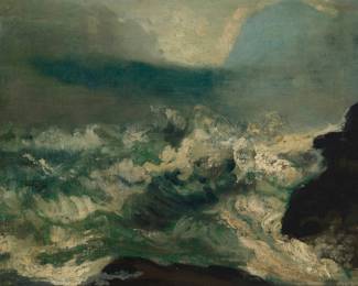 1091 Arthur Bowen Davies (1862-1928) "Hanging Clouds," 1899 Oil on canvas laid to canvas Signed and dated lower left: A.B. Davies / 1899; titled on two gallery labels affixed to the stretcher and the frame's backing paper 17" H x 22" W Estimate: $3,000 - $5,000